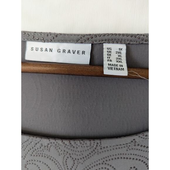 Susan Graver Liquid Knits Gray Beaded Paisley Top Womens‎ Size 1X Flare Sleeves - Picture 4 of 8
